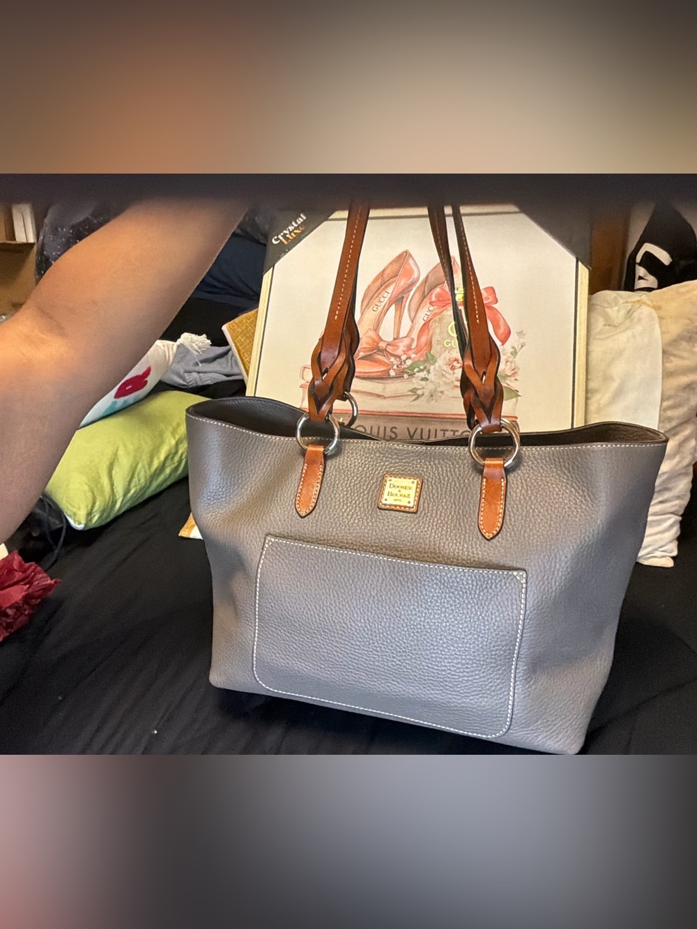Dooney & Bourke Pebble Grain Leather Tote – Gray & Cognac – Includes Dust Bag